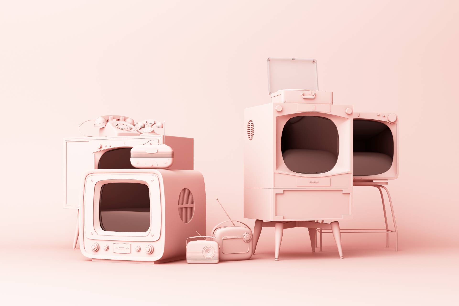 Old televisions and vintage radio player on a pink background. 3D rendering